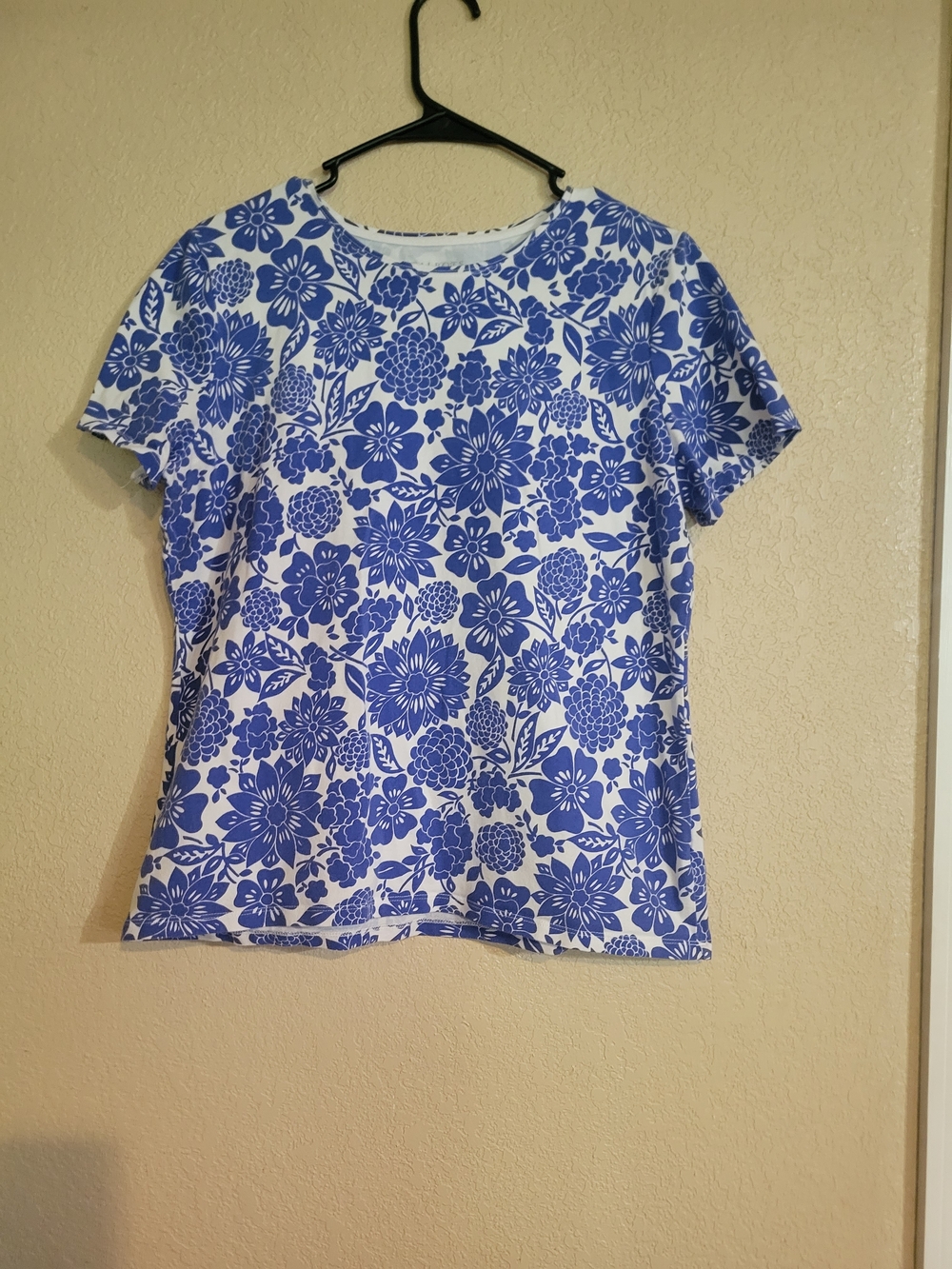 Talbots White Tee with Bold Blue Floral Print